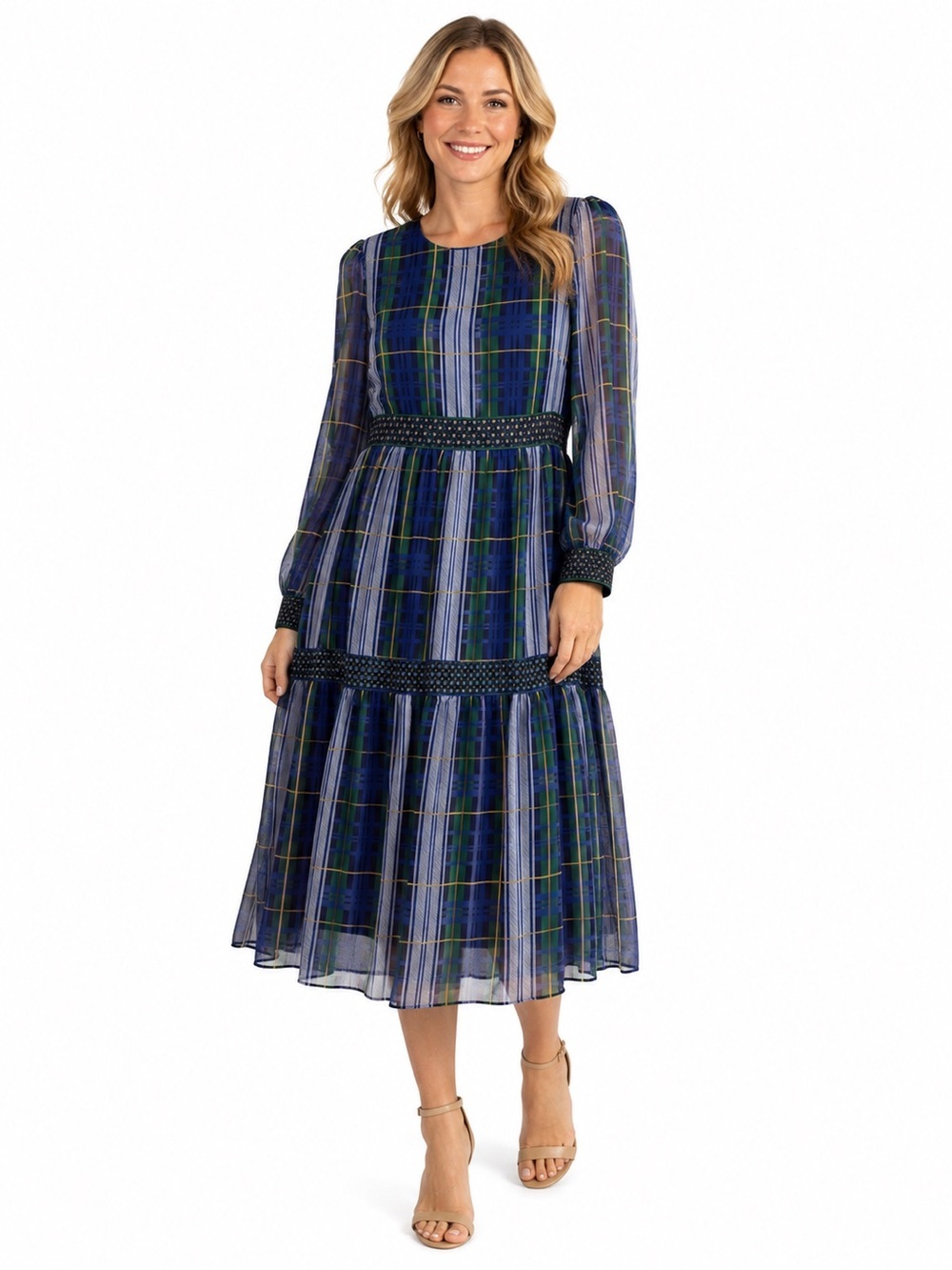 Gretchen Scott Damsel Blue Green Plaid Tiered Midi Dress Puff Sleeve M